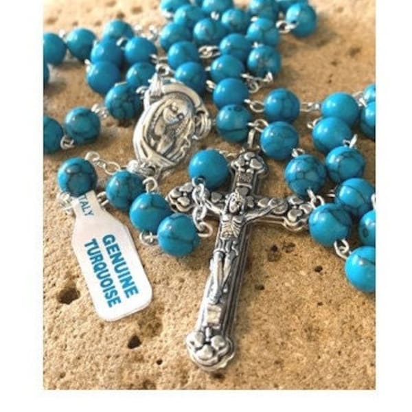 Genuine Turquoise Gemstone Rosary/Unisex Catholic Prayer Beads/Italian Gemstone Turquoise Beads/Sacred Heart Of Jesus and Praying Madonna