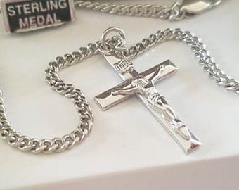 Sterling Silver Solid Crucifix Pendant/Chapel Sterling Crucifix Necklace for Adults/Silver Crucifix Pendant for Confirmation, Graduation