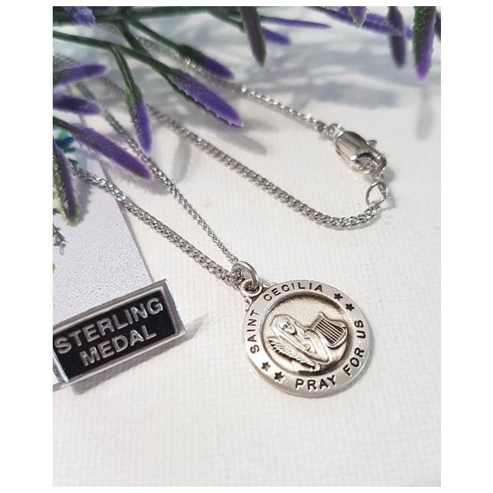 St Cecilia Sterling Medal/Sterling Silver Saint Cecilia Pendant/Silver St Cecil Patron Saint Of Musicians and Choir/Catholic Female Saints