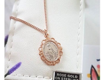 Pendentif médaille miraculeuse en plaqué or rose et argent, médaille Mère Marie en or rose et argent, argent sterling en or rose de la Vierge Marie