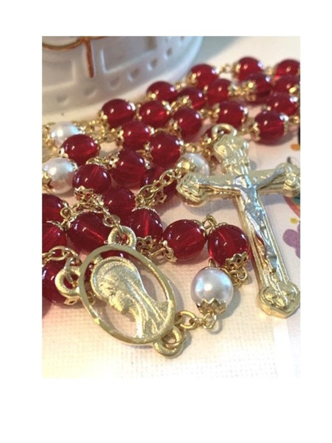 Catholic Church Ruby Red Ruby Rosary, Red Glass Rosary, Pearl Catholic Rosary, Gold Plated ...