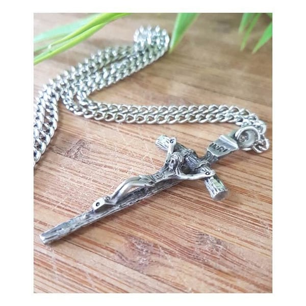 Papal Crucifix Pendant,Pewter Papal Cross Necklace,Mens Big Silver Cross,Traditional Latin Crucifix,Vintage and Rustic Cross Jewelry