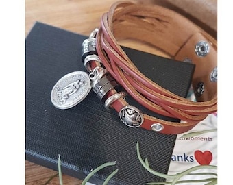 Choose Patron Saint Leather Bracelet,Genuine Leather Bracelet with Charm,Catholic Patron Saint Medal,St Blaise,St Roch,St Andrew,Cross