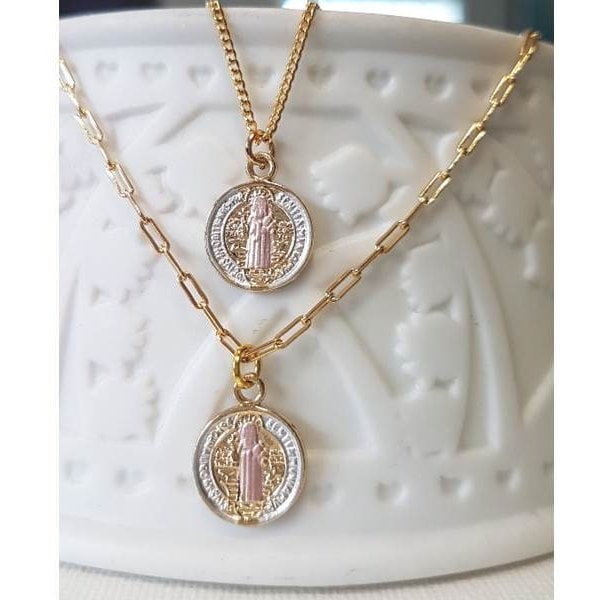 Mini St Benedict Pendant,Gold Filled Small St Benedict Necklace,Tritone 18K Gold Filled Medal,Kids and Ladies dainty Coin Necklace,Gold Coin