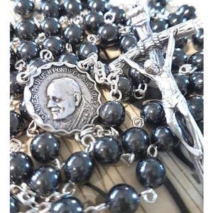 Pope Saint John Paul 11 Rosary,Papal Crucifix,Hematite Papal Rosary with Holy Spirit Centerpiece,Boys Confirmation Rosary,Double sided medal