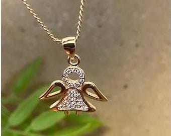 Angel Pendant,18KT Gold Filled Guardian Angel Necklace, Angel with Crystal Jewelry, Girls Communion and Confirmation Gift,Angel with Wings