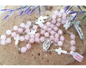 Genuine Rose Quartz Rosary/Mother Days Rosary and Gifts/Gemstone Rose Quartz with Mother Of Pearl Rosary/Italian Rose Pink Quartz Rosary