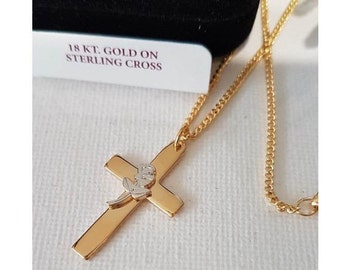 Cross With Rose Pendant, 18Kt Gold On Sterling Silver Cross, Ladies Cross with Rose Pendant, Mother's Day, Wife Gift, Ladies Christian Gift