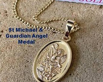 Collar de San Miguel de doble cara, chapado en oro de 18 quilates, joyería unisex de ángel guardián y San Miguel, cadena chapada en oro, Arcángel Miguel