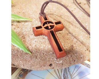 Holy Spirit Olivewood Pendant, Corded Olive Wood Cross,Wood Cross with Holy Spirit Prayer Card,Adult and Youth Wood Cross,Confirmation Gift