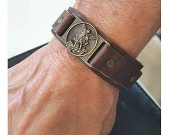 Leather Bracelet St Michael,Saint Michael Men Bracelet,Genuine Leather Bracelet with Arc Angel Michael Medal,Christian Men Jewelry