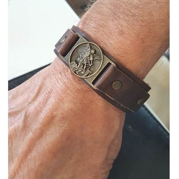 Leather Bracelet St Michael,Saint Michael Men Bracelet,Genuine Leather Bracelet with Arc Angel Michael Medal,Christian Men Jewelry