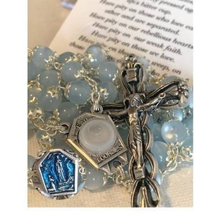 Rosary with Water From Lourdes, Our Lady of Lourdes Rosary Water from Lourdes, Moonstone Prayer Beads, Blue Catholic Rosary with Prayer Card