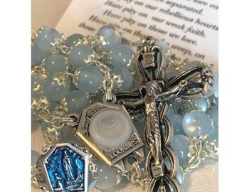 Rosary with Water From Lourdes, Our Lady of Lourdes Rosary Water from Lourdes, Moonstone Prayer Beads, Blue Catholic Rosary with Prayer Card