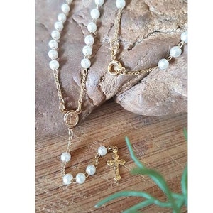 Gold Filled Pearl Rosary Necklace,Cute Dainty 18K Rosary Chain,Girls Communion Rosary,Rosary Necklace for Ladies,Virgin Mary Gold Necklace