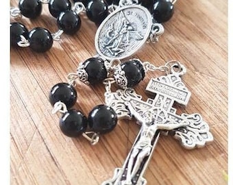 St Michael Black Rosary,Men Onyx Gemstone Rosary,Adult Gemstone Prayer Beads,Big Heavy Rosary with St Michael and Pardon Crucifix