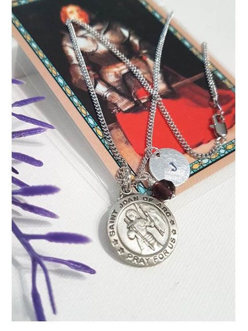 Prayer To St Joan Of Arc/St Joan Of Arc Pewter Necklace/Female Patron Saint Pendant/Personalised Medal with Birthstone & Initial Charm