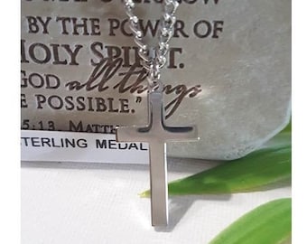 Sterling Cross for Men,Shiny Sterling Silver Cross Necklace,Unisex Christian Cross Jewelry,Block Cross Silver Pendant, Heavy Rhodium Chain