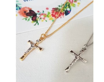 Gold Over Sterling Silver Crucifix Necklace/Sterling Cross for Ladies/Tutone Sterling Silver Cross Pendant/Children Sterling Cross pendant
