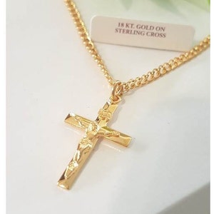 Gold Over Sterling Silver Crucifix/Gold On Silver Crucifix Pendant/Mens Solid Crucifix Necklace/Crucifix Necklace Gold For Men and Women