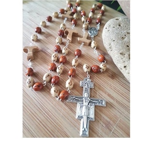 Rosenkranz des Hl. Franziskus, Rosenkranz für Männer, Rosenkranz aus Olivenholz mit Tau-Kreuz, Gebetskette des Hl. Franziskus von Assisi, Gebet für den Friedensrosenkranz, St. Damiano