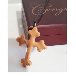 Orthodox Cross On Cord, Olive Wood Cross Necklace on Brown Cord, Jerusalem Wood Jewelry, Wood Cross Jewelry for Men, Gifts from Jerusalem