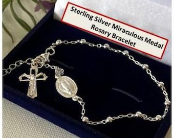 Miraculous Medal Sterling Silver Bracelet, Sterling 925 3mm Dainty Rosary Bracelet,Silver Ball Bracelet with Crucifix and Virgin Mary Medal