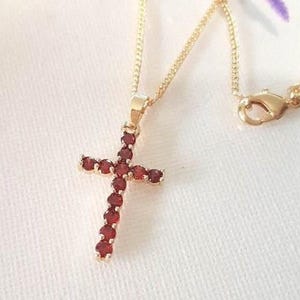 Garnet Cross Pendant /Deep Red Cross Necklace/18KT Gold Filled CZ Paved Pendant/Ladies Cross Necklace/Christian Gold Cross Pendant