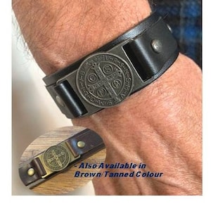 Bracelet en cuir Saint Benoît, bracelet en cuir véritable beige, ceinture Saint Benoît pour homme, bracelet en cuir noir, médaille double face saint patron