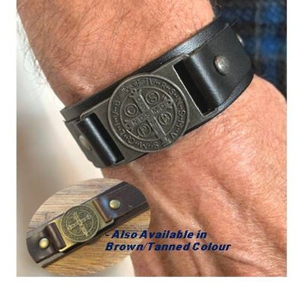 St Benedict Leather Bracelet,Genuine Leather Tan Wristband,Men's Saint Benedict Belt ,Black Leather Strap, Double Sided Medal Patron Saint