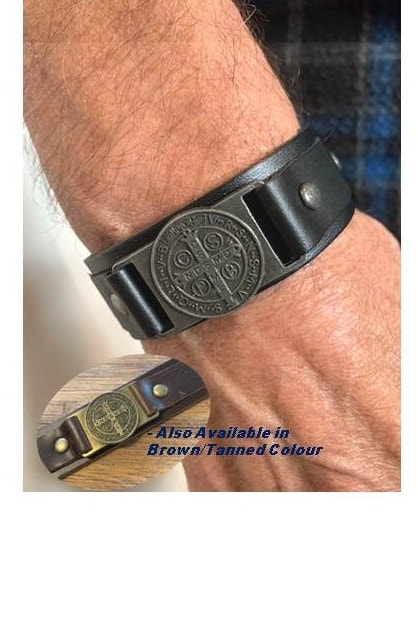 St Benedict Leather Bracelet,Genuine Leather Tan Wristband,Men's Saint Benedict Belt ,Black Leather Strap, Double Sided Medal Patron Saint
