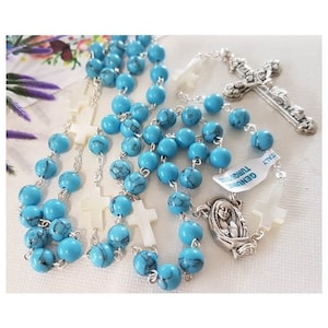 Genuine Turquoise and Mother Of Pearl Rosary/Real Gemstone Turquoise Rosary/Mother Of Pearl Cross and Blue Turquoise Catholic Prayer Beads
