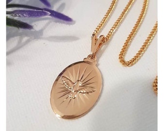 Gold Filled Holy Spirit Oval Pendant,18K Gold Filled Holy Spirit Necklace, Holy Ghost Gold Charm,Unisex Christian Pendant,Confirmation Gift