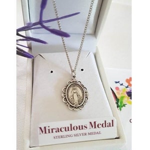 Sterling Silver Miraculous Medal/Ladies Sterling Virgin Mary Necklace/Silver Ornate Miraculous Medal Pendant/Our Lady of Grace Necklace