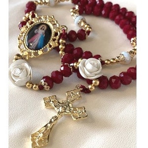 Divine Mercy Rosary, Garnet Rosary with Divine Mercy, Handcrafted Red Glass Rosary with Jesus, Gold Crucifix Jesus Medal, Gold Prayer Beads