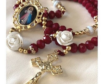 Divine Mercy Rosary, Garnet Rosary with Divine Mercy, Handcrafted Red Glass Rosary with Jesus, Gold Crucifix Jesus Medal, Gold Prayer Beads