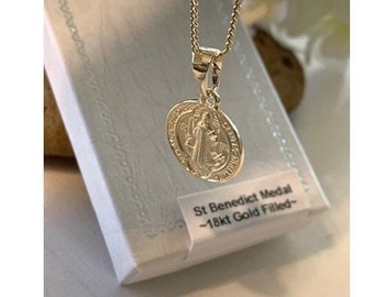Cute Gold Filled St Benedict, 18Kt Gold Filled Saint Benedict Ladies Medal, Round San Benito Protection Pendant, Double sided St Benedict