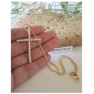 Classy Gold Filled CZ Cross/Skinny Cubic Zirconia Clear Gold Filled Necklace/Simple Ladies Crystal Cross Pendant /Slim Gold Cross