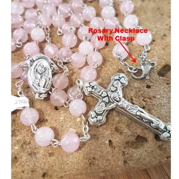 Rose Quartz Rosary Necklace,Gemstone Necklace,Genuine Rose Quartz Rosary,Italian Semiprecious Stone Prayer Beads, Italian Rosary Parts