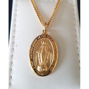 Sterling Silver Miraculous Medal,Medal of Our Lady Of Grace,Gold Over Sterling Silver Virgin Mary Necklace,Mother Mary Pendant in Gold