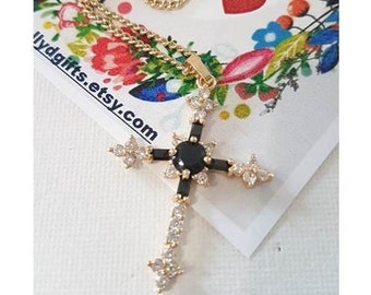 Black Crystal Gold Cross,Jet Black Cz Cross Pendant,Gold Filled Crystal Cross Necklace,Ladies Retro and Vintage Look Gold Cross Jewelry