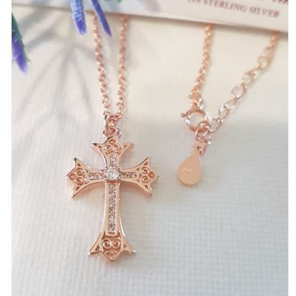 Rose Gold On Sterling Silver Cross/Rose Gold Plated over Sterling Cross with Cubic Zirconia/Ladies Filigree Rose Gold Cross Necklace