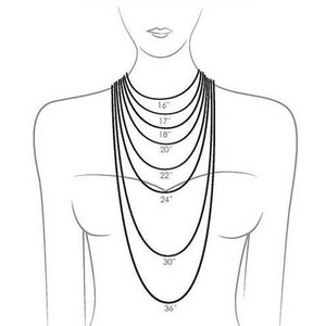 Puede incluir: Un dibujo de l&iacute;nea de una persona que lleva un collar con diferentes longitudes marcadas en pulgadas, de 16 pulgadas a 36 pulgadas. "Chain Reference Guide" est&aacute; escrito en la parte superior de la imagen.