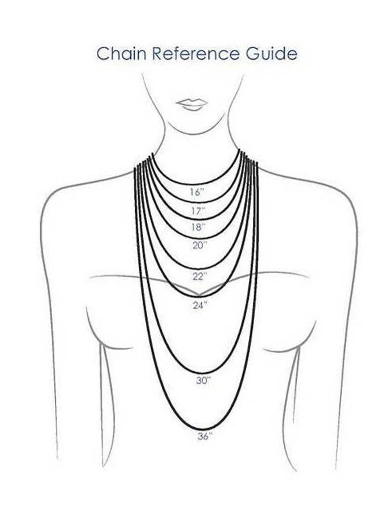 Puede incluir: Un dibujo de l&iacute;nea de una persona que lleva un collar con diferentes longitudes marcadas en pulgadas, de 16 pulgadas a 36 pulgadas. "Chain Reference Guide" est&aacute; escrito en la parte superior de la imagen.