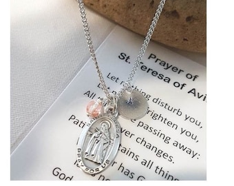 St Teresa of Avila Necklace with Prayer Card/Personalised Saint Pendant,Catholic Saint Birthstone Medal,Confirmation and Communion Gifts