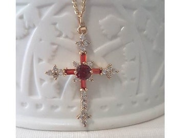 Red Crystal Gold Cross,Ruby Cz Cross Pendant,Gold Filled Crystal Cross Necklace,Ladies Retro and Vintage Look Gold Cross Jewelry