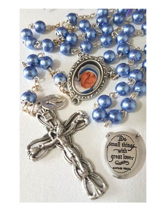Mother Teresa Rosary blue Pearl Rosary st Teresa of Calcutta Rosary deluxe Rosary Metallic Blue mother Theresa Quotes mini Miraculous Medal Etsy Canada