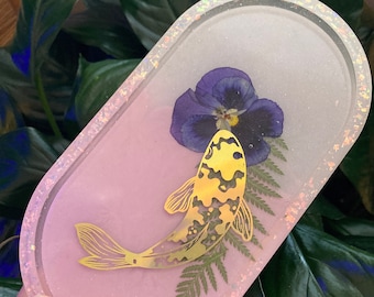 Koi Fish Floral and Fern Purple Pansy Pink and Gold Trinket Tray Jewelry Tray Ring Dish