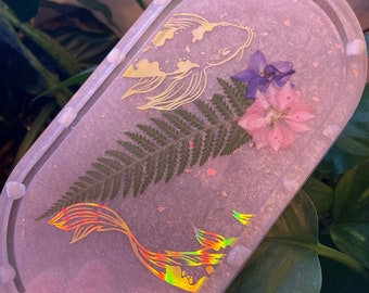 Koi Fish Floral and Fern with Clear Quartz Pink and Gold Trinket Tray Jewelry Tray Ring Dish