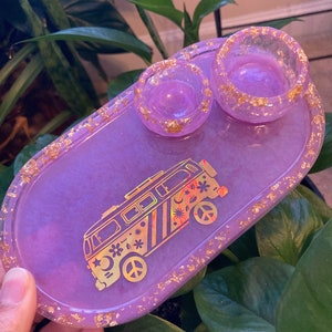Hippie VW Van Pink Purple and Gold Jewelry Trinket Tray Rolling Tray Ring Dish